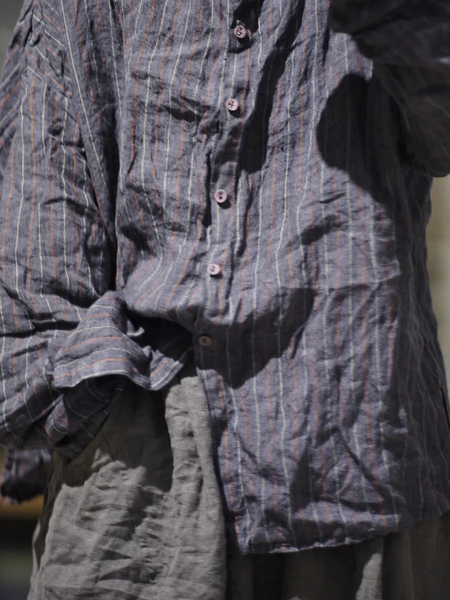 Women Retro Spring Stripe Linen Shirt