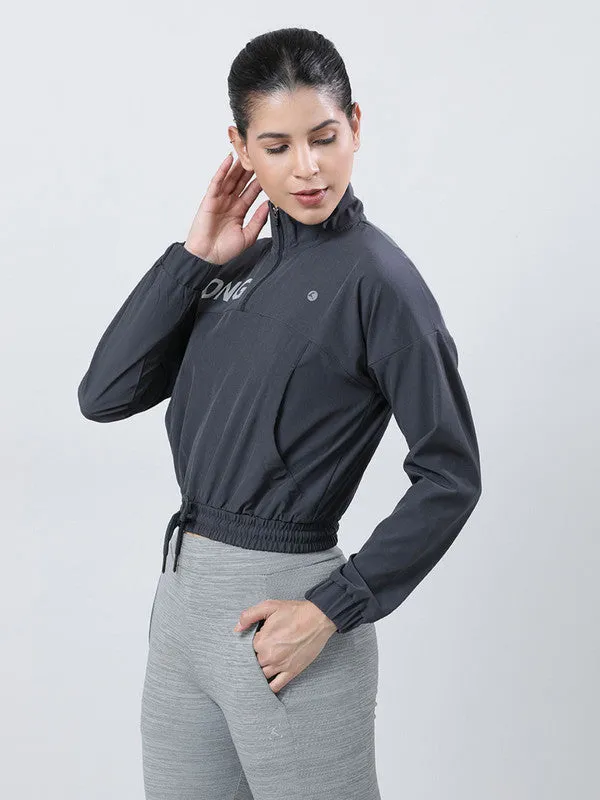 Women Steel Grey Typography Printed Jacket- WILD ICON-STG