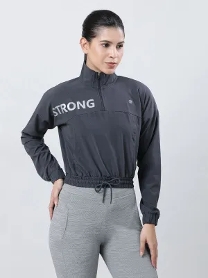Women Steel Grey Typography Printed Jacket- WILD ICON-STG