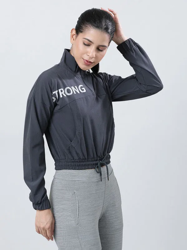 Women Steel Grey Typography Printed Jacket- WILD ICON-STG