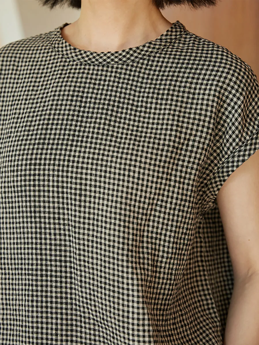 Women Summer Artsy Lattice O-Neck 100%Linen Shirt