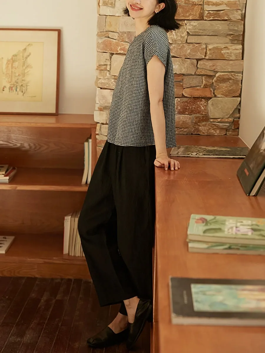 Women Summer Artsy Lattice O-Neck 100%Linen Shirt