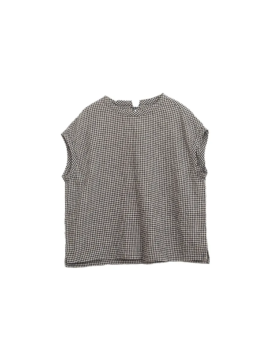 Women Summer Artsy Lattice O-Neck 100%Linen Shirt