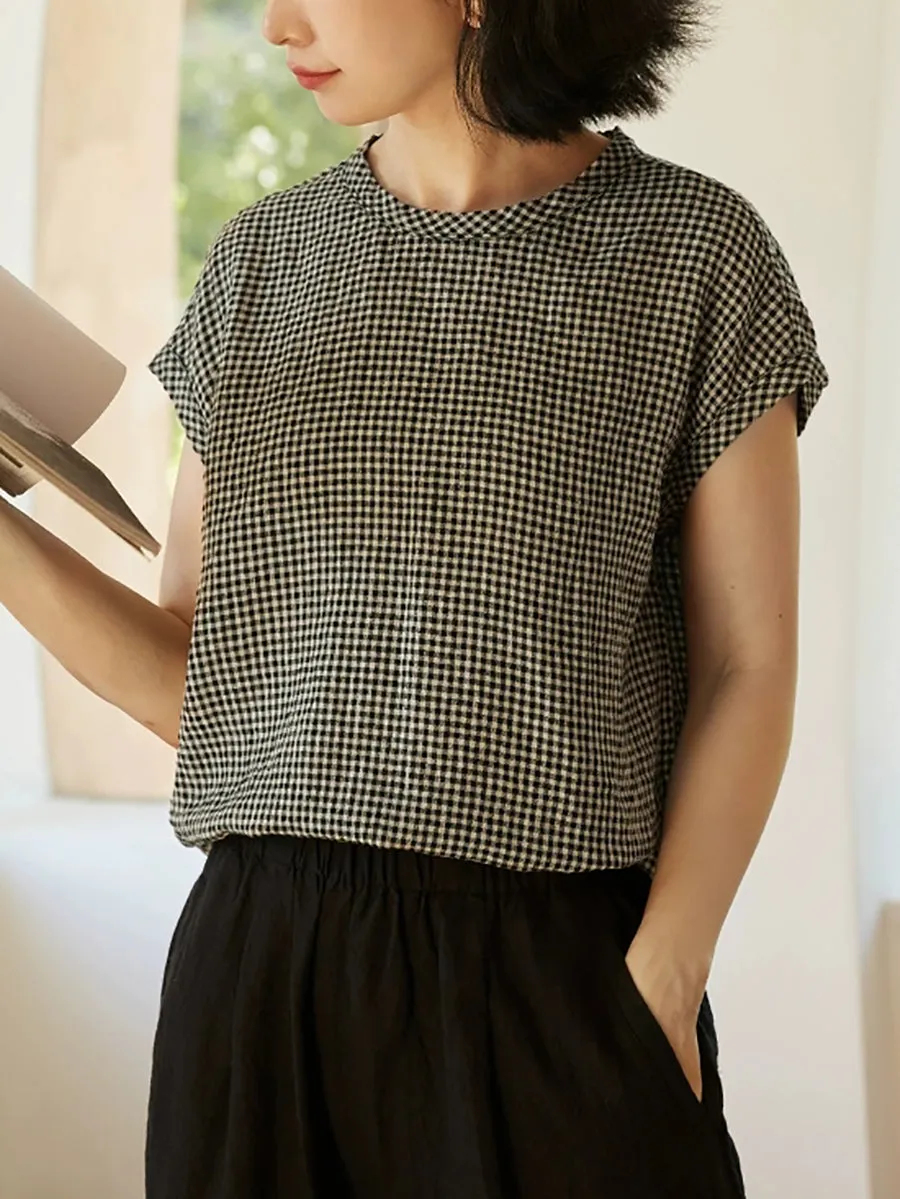 Women Summer Artsy Lattice O-Neck 100%Linen Shirt