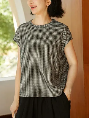 Women Summer Artsy Lattice O-Neck 100%Linen Shirt