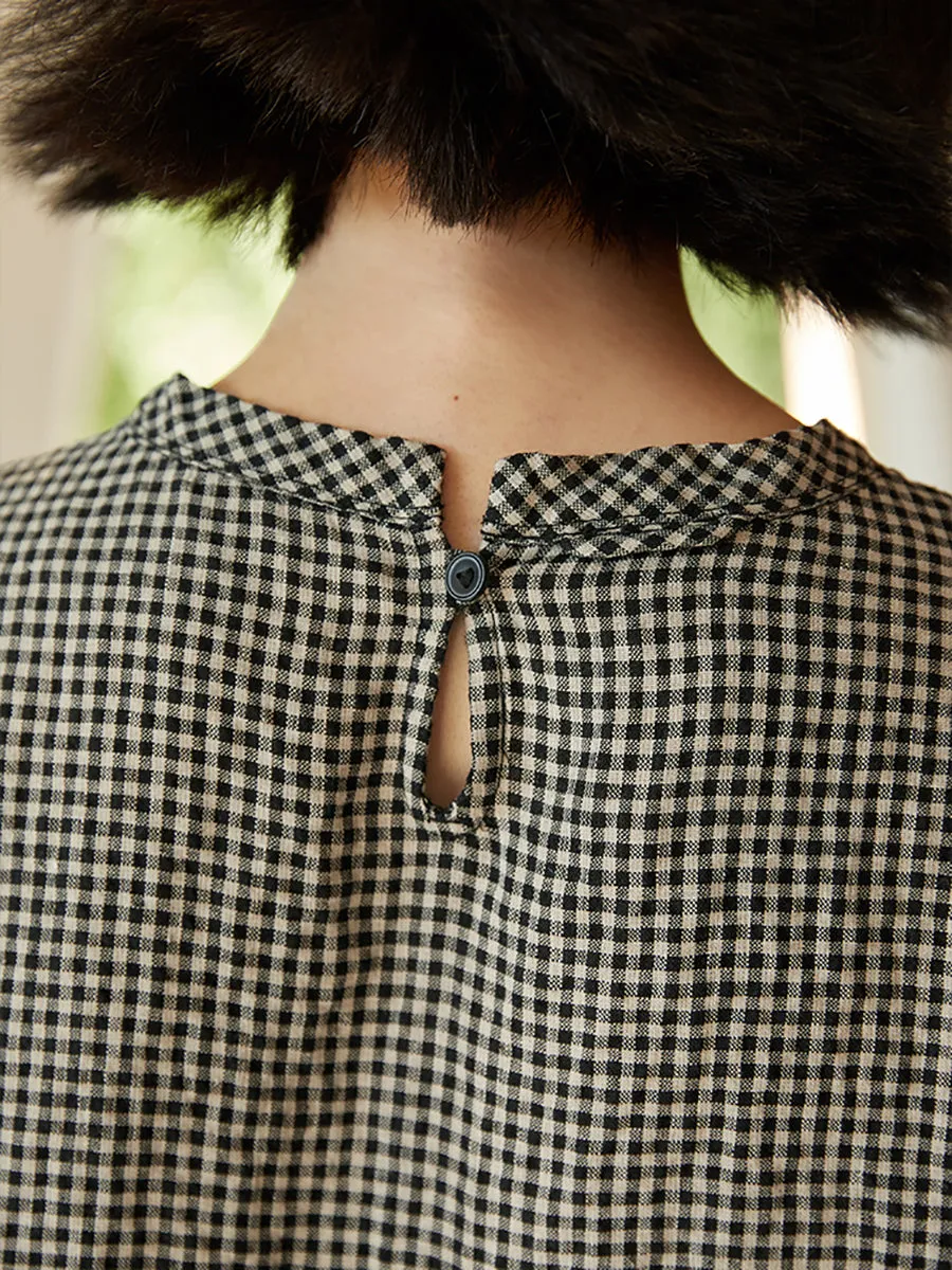 Women Summer Artsy Lattice O-Neck 100%Linen Shirt
