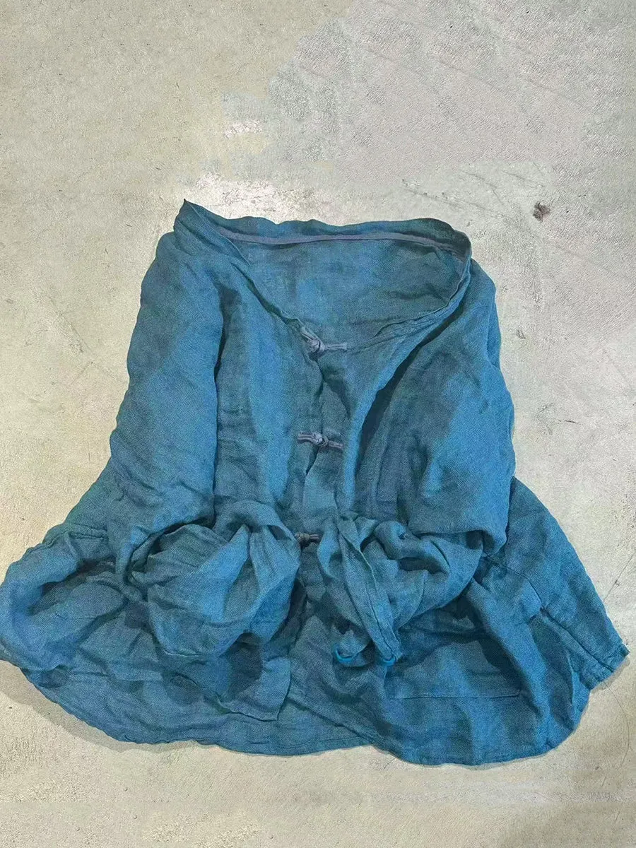 Women Summer Artsy V-Neck Pure Color Linen Cardigan Shirt