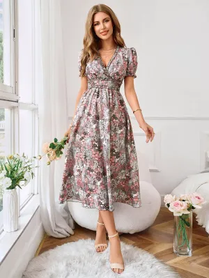 Women’s A-Line Floral Midi Dress with Short Sleeves